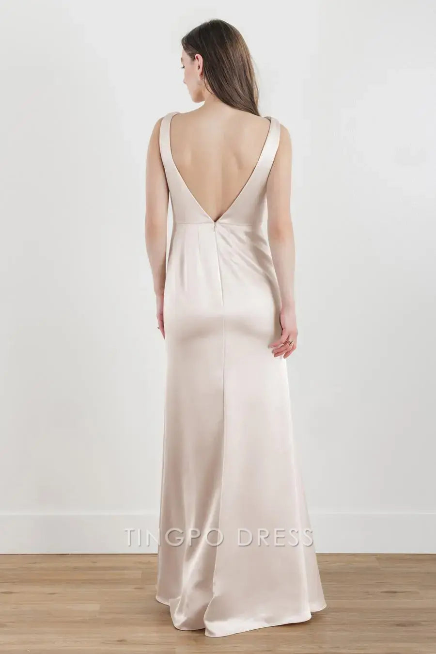 TingPo Wholesale Elegant Blush Satin Cowl Neck Dress - Sleeveless Bodycon Evening Gown